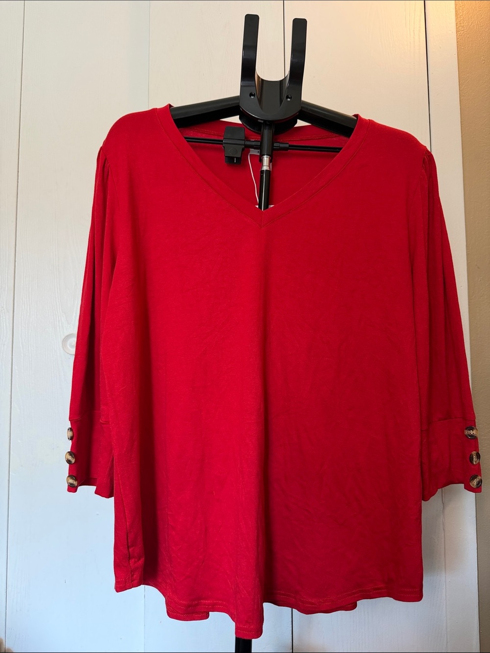 Women’s Red V-Neck Long Sleeve Top with Button Cuff Detail